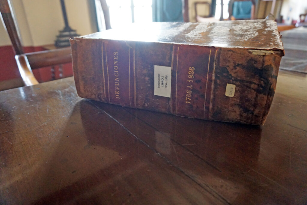 Old book with burial lists in the National Cathedral on Bogotá