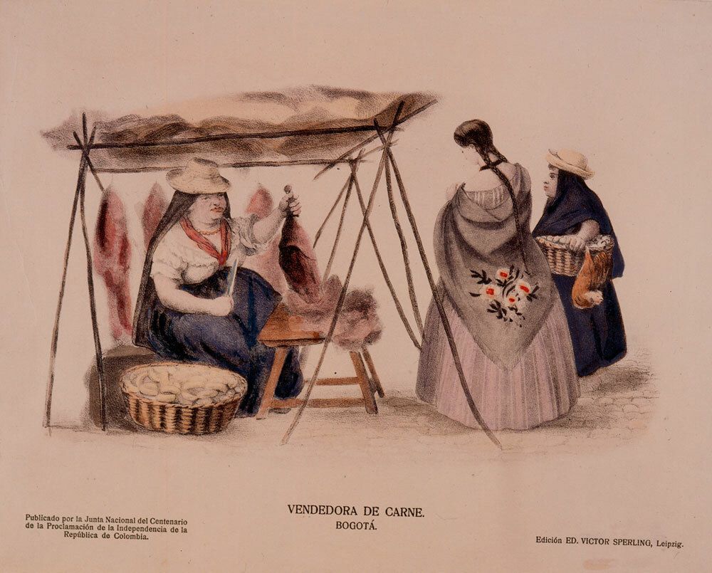 Vendedora de carne. Bogotá (1860) by Ramón Torres Méndez. Watercolor on paper in the Banrepcultural Colecciones