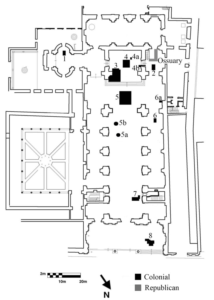 Plan map showing the location of the 8 excavation units and the ossuary context